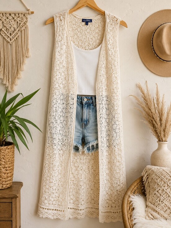 Freshman Jackets & Blazers - Freshman Ivory Crochet Duster Vest Boho Festival Layering Piece